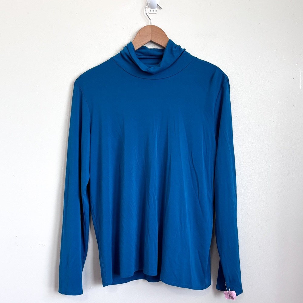 Eileen Fisher Womens Silk Funnel Neck Top XL Teal Blue Jersey Knit Long Sleeve